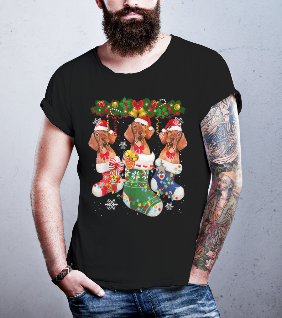 Vizsla Dogs In Christmas Stockings With Santa Hats And Holiday Decorations T-Shirt