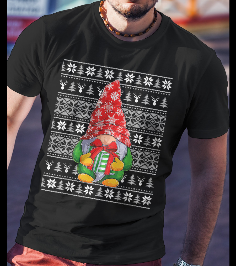Ugly Christmas Sweater Gnome Holding Gifts With Snowflake Hat T-Shirt