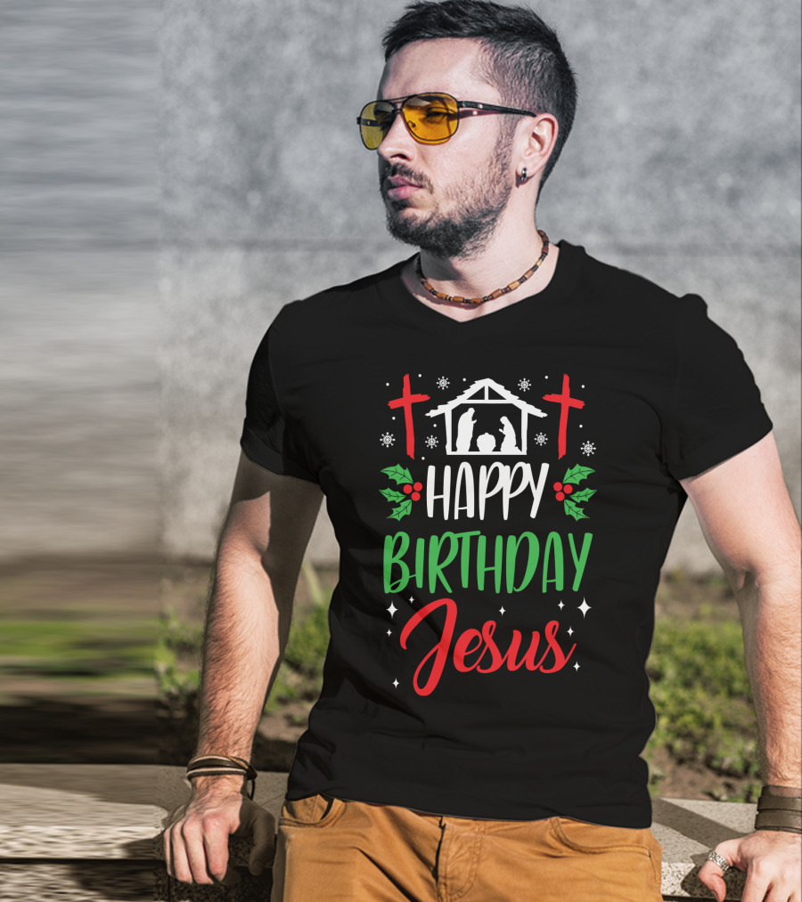 Happy Birthday Jesus Holiday Nativity Crosses Holly Motif T-Shirt