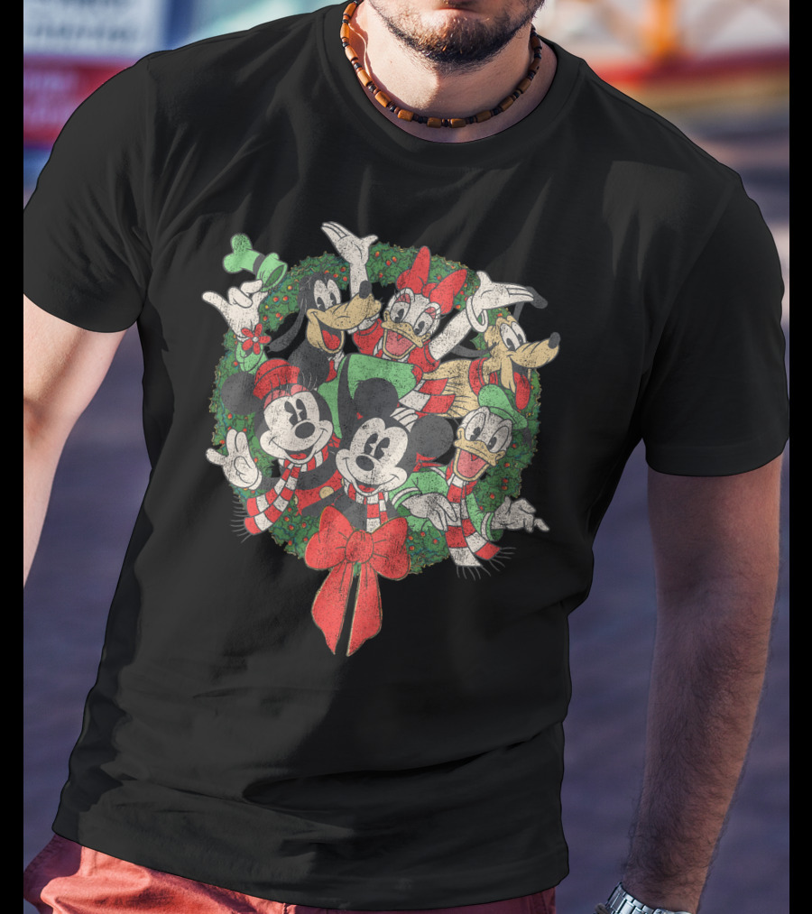Disney Christmas Characters In Festive Wreath With Mickey, Minnie, Donald, Daisy, Goofy, Pluto T-Shirt