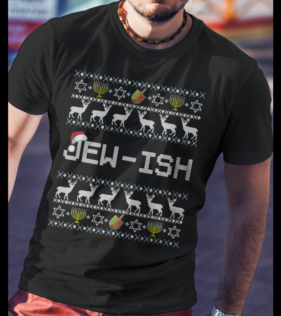 Jew-Ish Hanukkah Santa Hat Dreidel Menorah Stars T-Shirt
