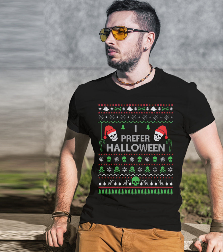 I Prefer Halloween Best Skull Santa Ugly Christmas T-Shirt