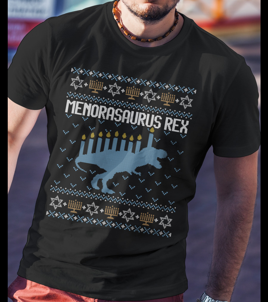 Menorasaurus Rex Hanukkah T-Rex Menorah Candles Star T-Shirt
