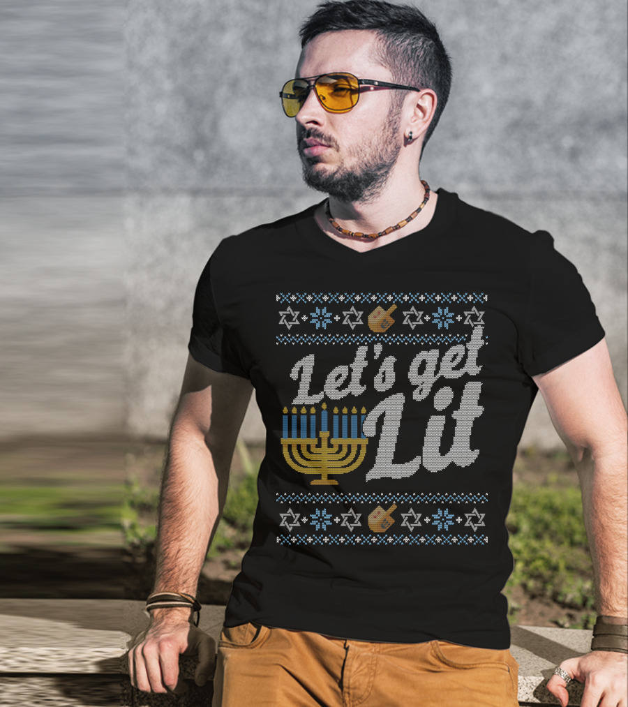 Let's Get Lit Menorah Hanukkah Dreidel Star Of David T-Shirt