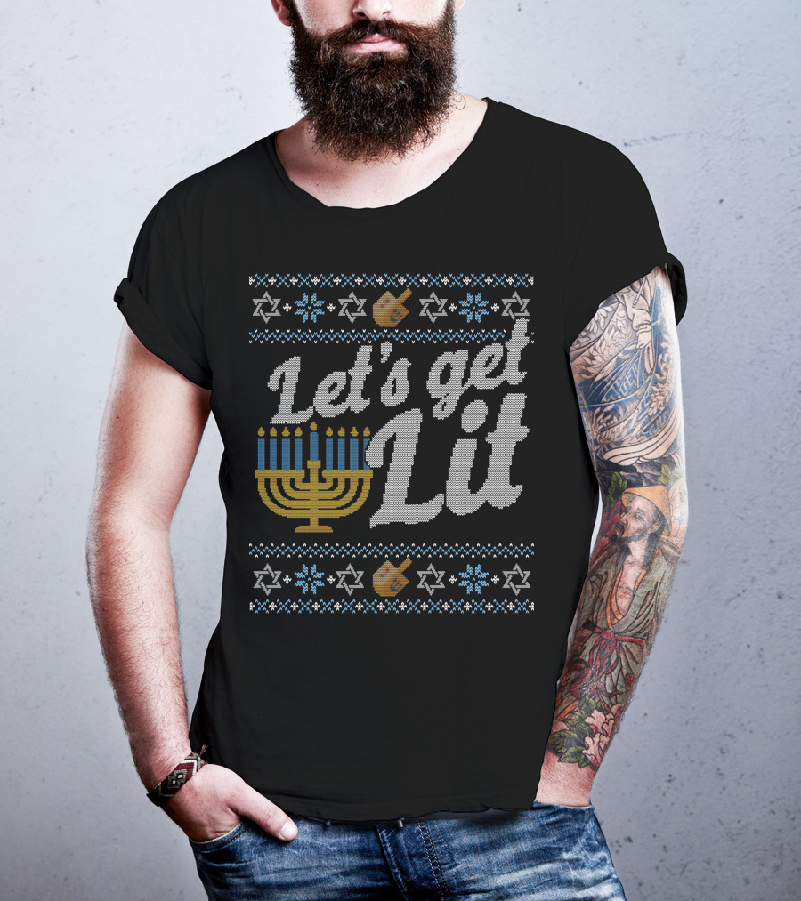 Let's Get Lit Menorah Hanukkah Dreidel Star Of David T-Shirt