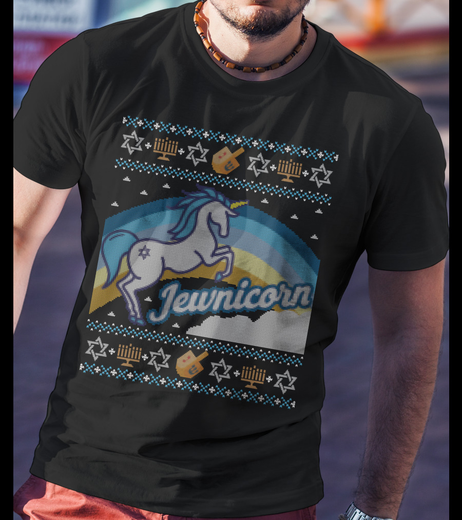 Jewnicorn Hanukkah Festive Unicorn With Menorah And Dreidel T-Shirt