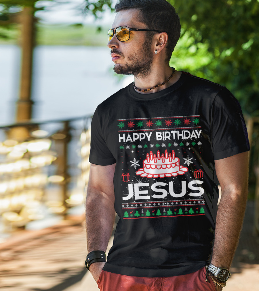 Happy Birthday Jesus Ugly Christmas Sweater Design With Cake And Snowflakes T-Shirt