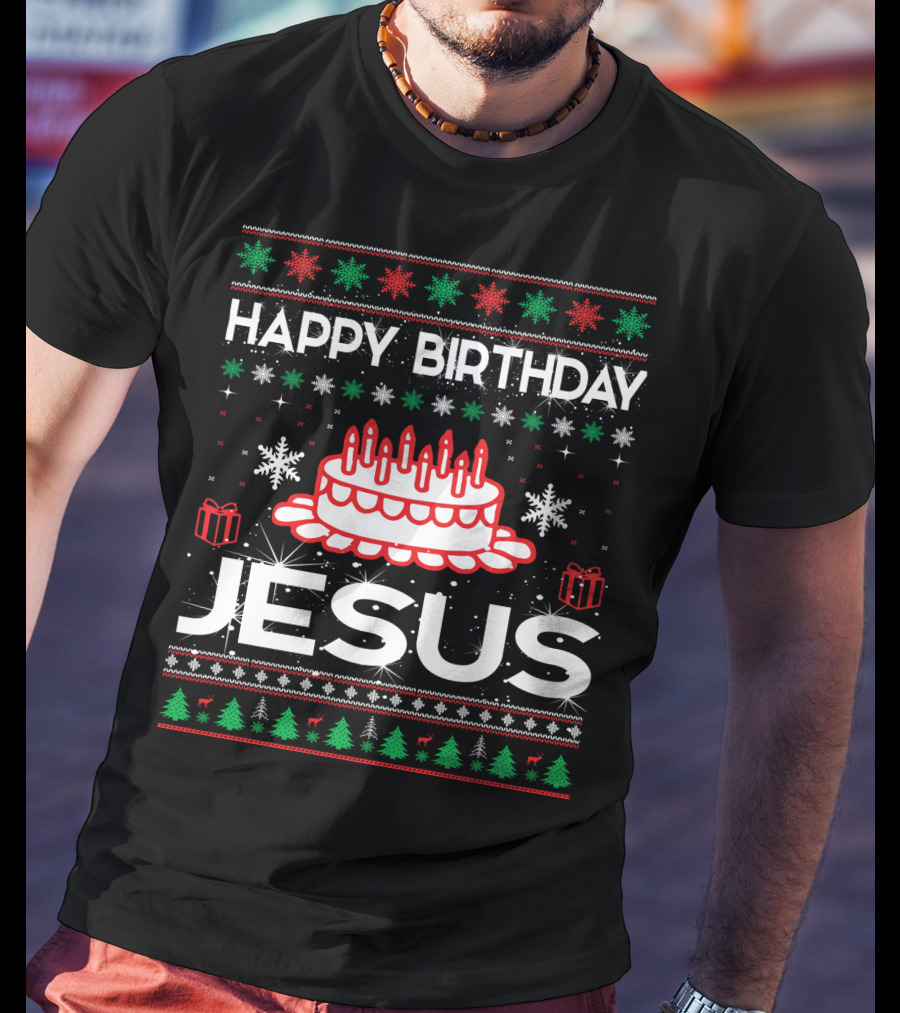 Happy Birthday Jesus Ugly Christmas Sweater Design With Cake And Snowflakes T-Shirt