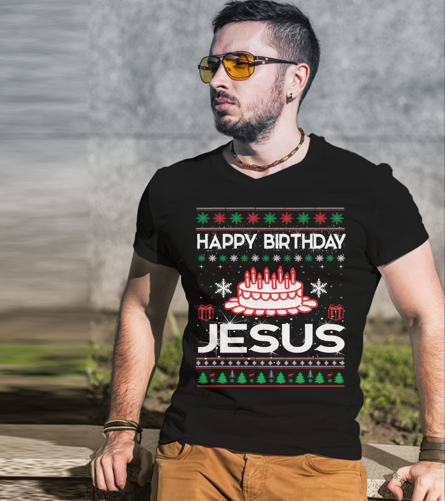 Happy Birthday Jesus Ugly Christmas Sweater Design With Cake And Snowflakes T-Shirt