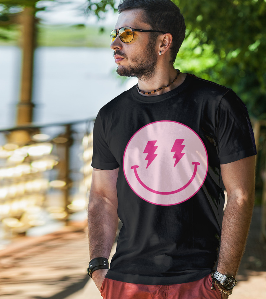 Lightning Bolt Smiley Face Pink Circle T-Shirt