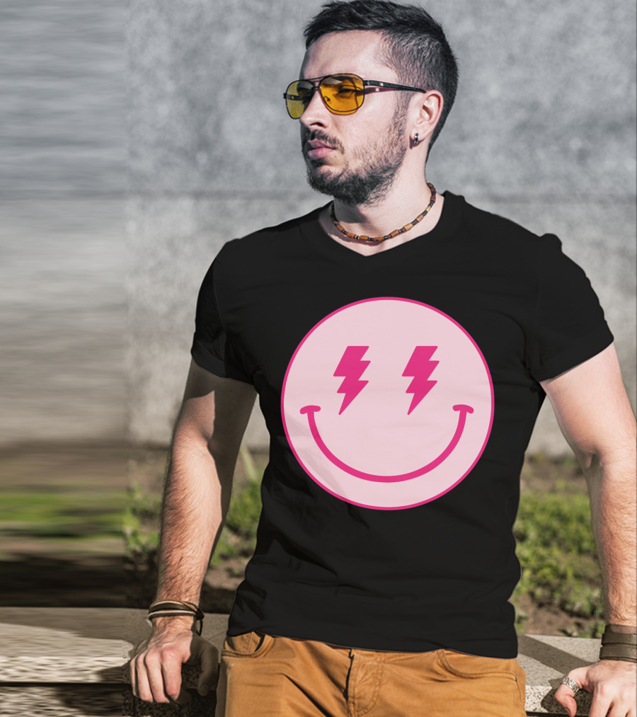 Lightning Bolt Smiley Face Pink Circle T-Shirt