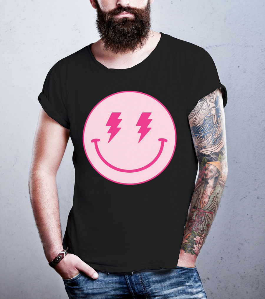 Lightning Bolt Smiley Face Pink Circle T-Shirt