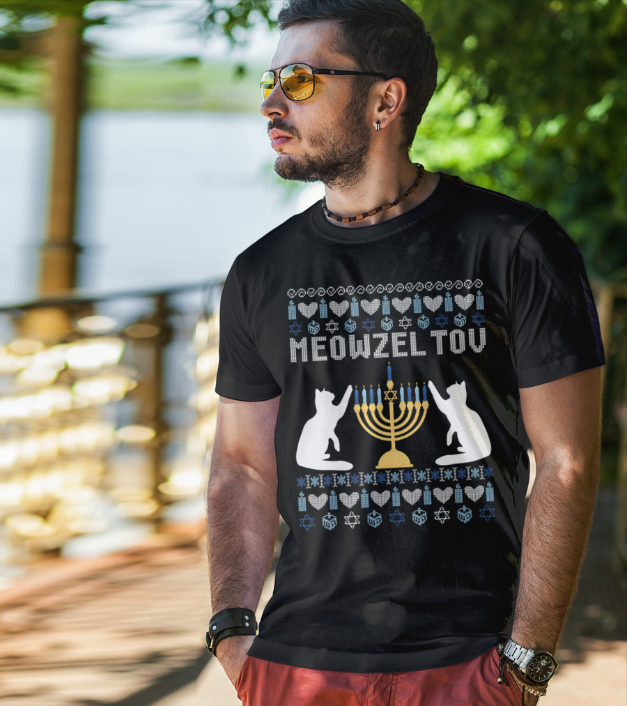 Meowzel Tov Chanukah Cats Menorah Stars Hearts Dreidels T-Shirt