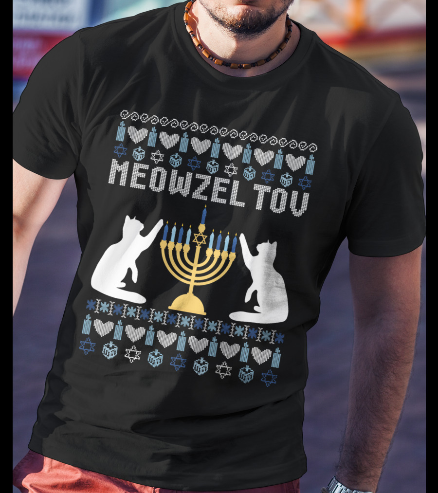 Meowzel Tov Chanukah Cats Menorah Stars Hearts Dreidels T-Shirt
