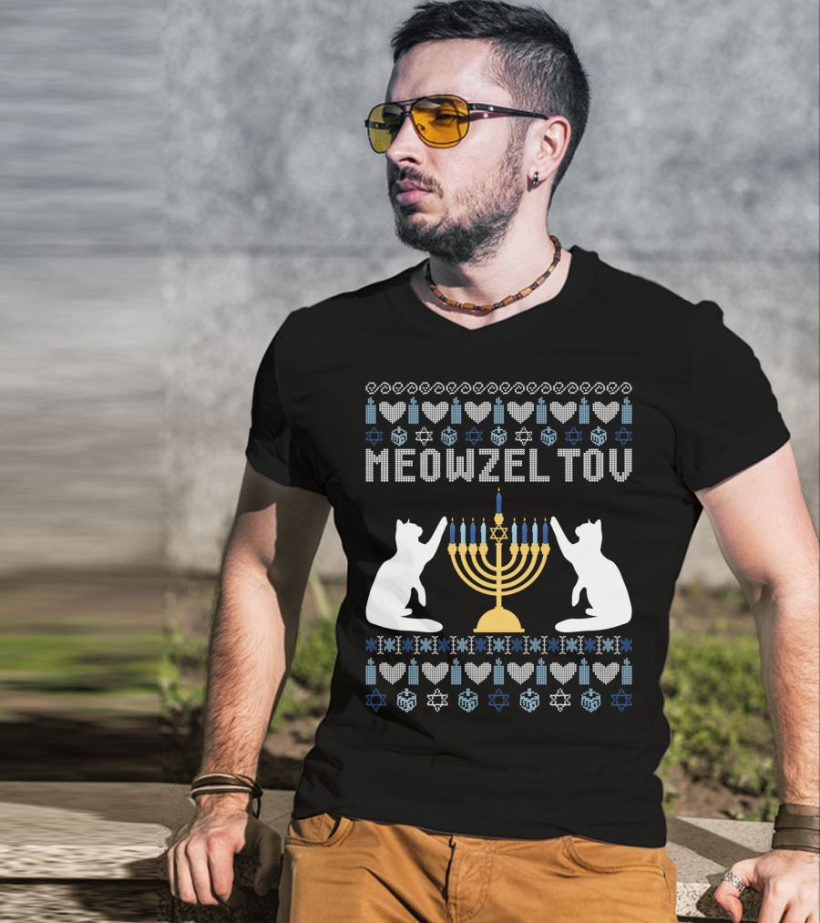 Meowzel Tov Chanukah Cats Menorah Stars Hearts Dreidels T-Shirt