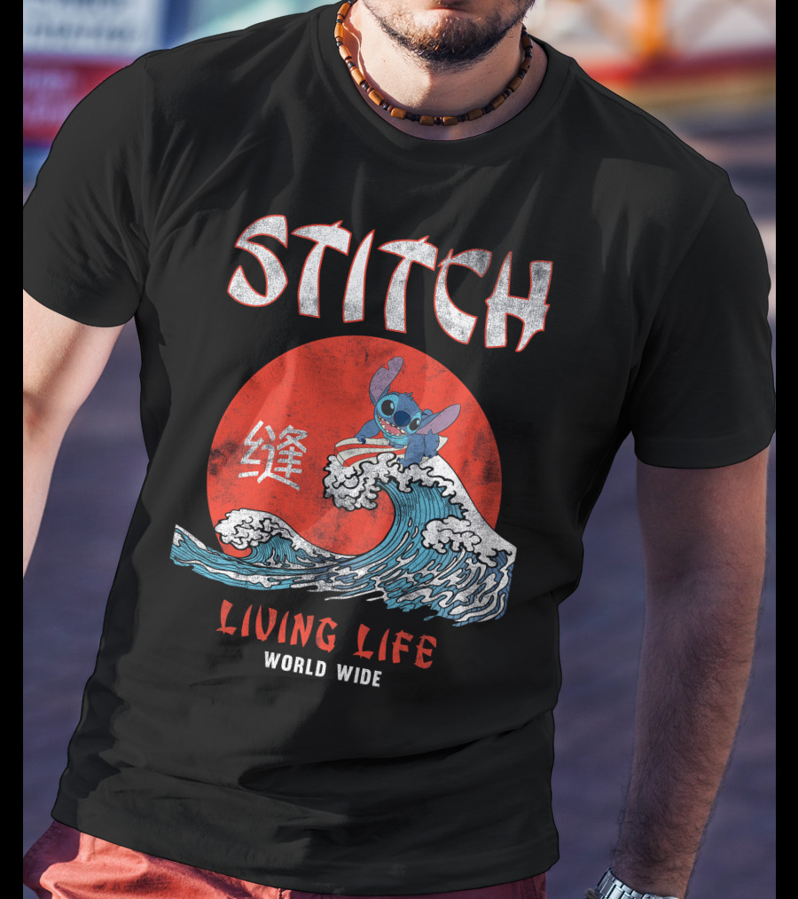 Stitch Living Life World Wide Wave Red Japanese Character T-Shirt