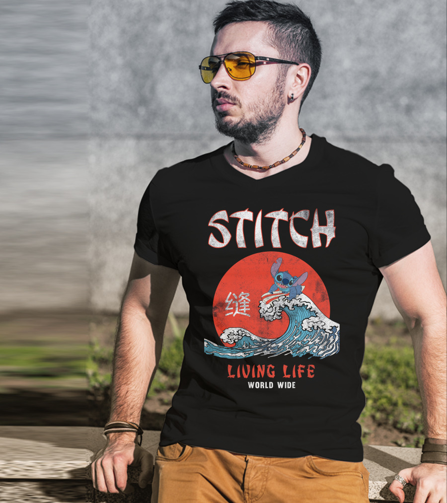 Stitch Living Life World Wide Wave Red Japanese Character T-Shirt