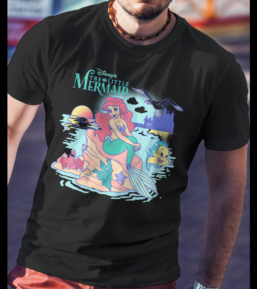 Disney's The Little Mermaid Ariel With Flounder And Sebastian By Castle At Sunset T-Shirt