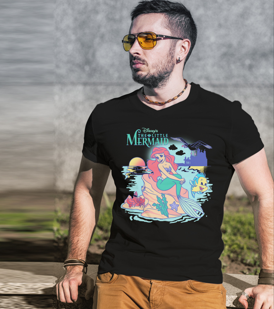 Disney's The Little Mermaid Ariel With Flounder And Sebastian By Castle At Sunset T-Shirt