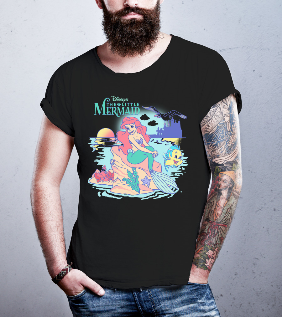 Disney's The Little Mermaid Ariel With Flounder And Sebastian By Castle At Sunset T-Shirt