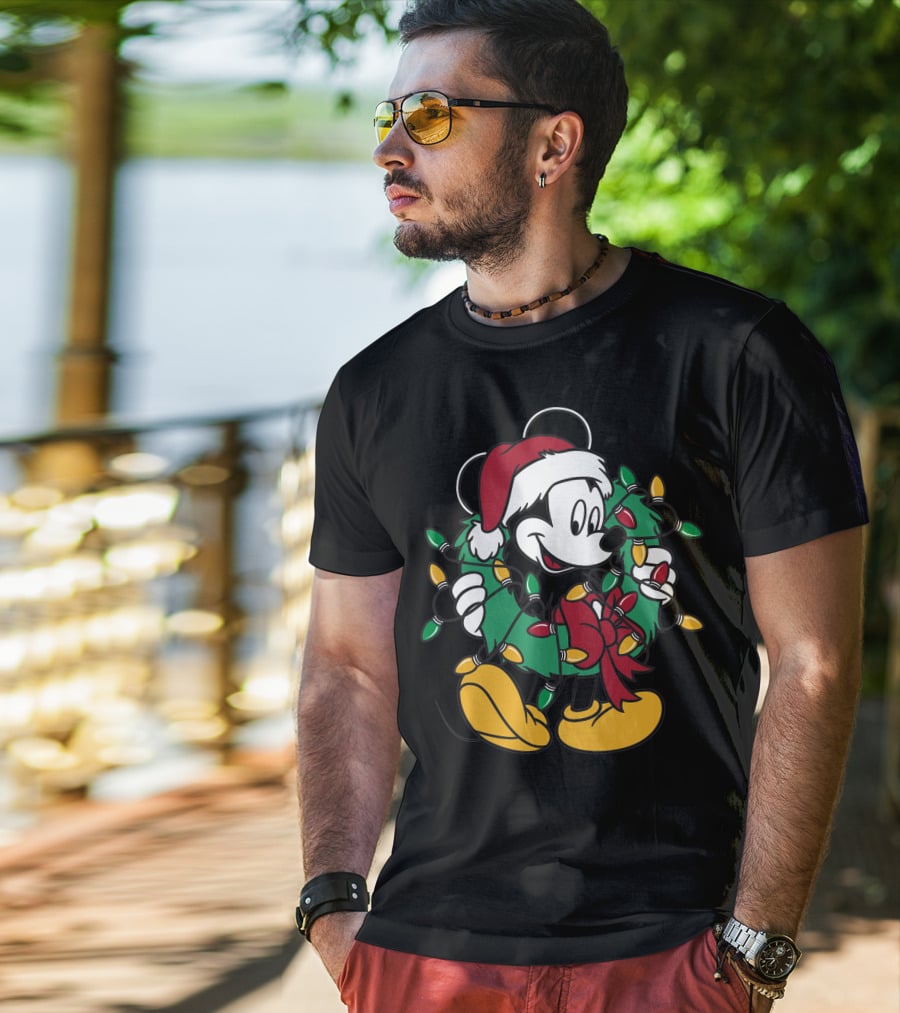 Disney Mickey Mouse Christmas Wreath Lights Santa Hat Holiday Decor T-Shirt