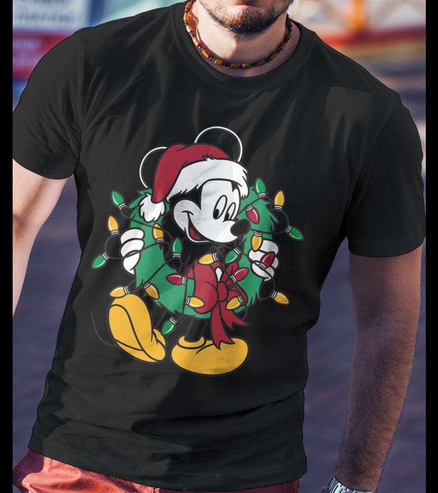 Disney Mickey Mouse Christmas Wreath Lights Santa Hat Holiday Decor T-Shirt
