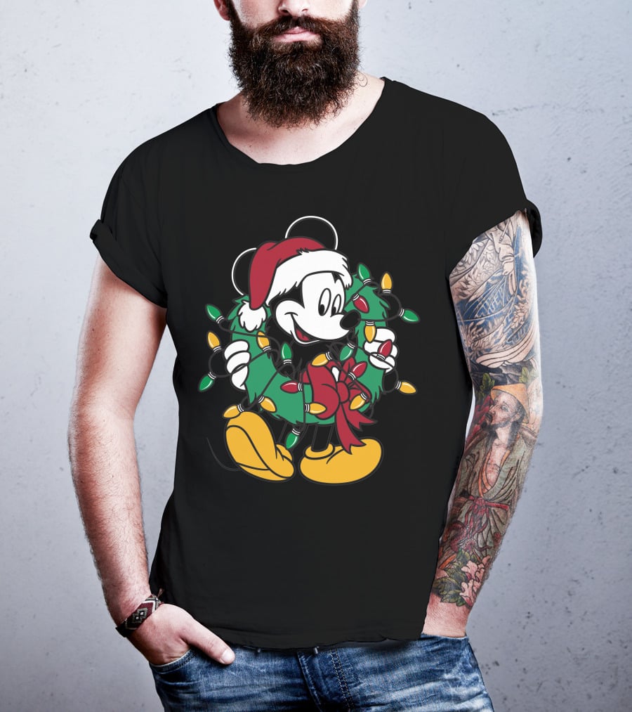 Disney Mickey Mouse Christmas Wreath Lights Santa Hat Holiday Decor T-Shirt