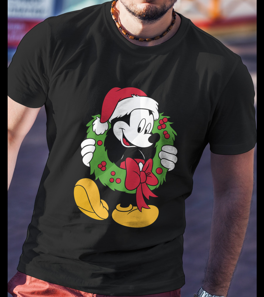 Disney Mickey Mouse Christmas Santa Hat Wreath Bow T-Shirt