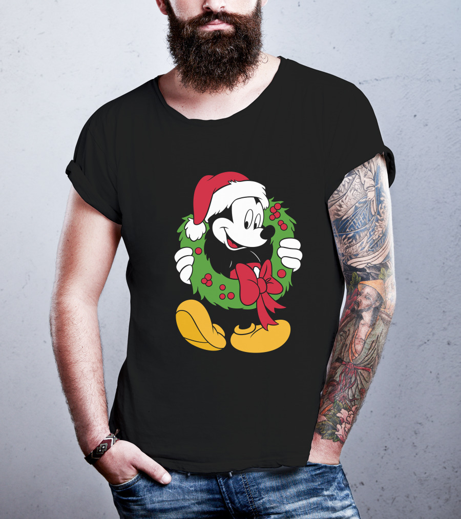 Disney Mickey Mouse Christmas Santa Hat Wreath Bow T-Shirt