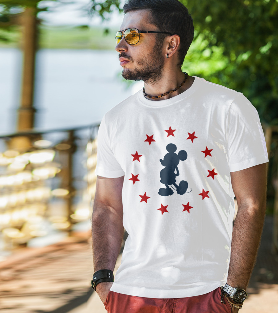 Disney Mickey Mouse Silhouette With Patriotic Red Stars T-Shirt
