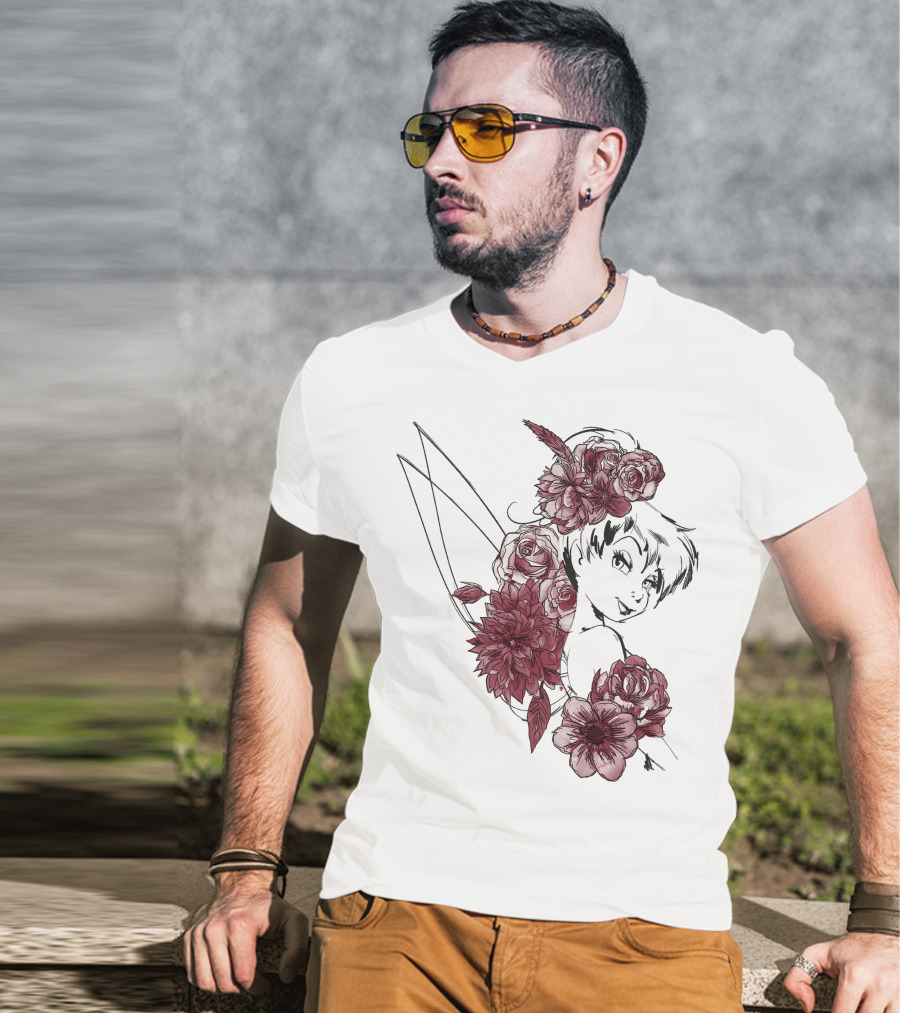Disney Peter Pan Tinkerbell Red Floral Outline T-Shirt