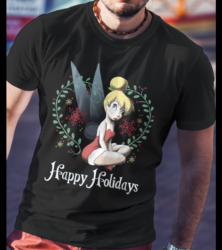 Disney Peter Pan Tinkerbell Happy Holidays Christmas Snowflakes T-Shirt