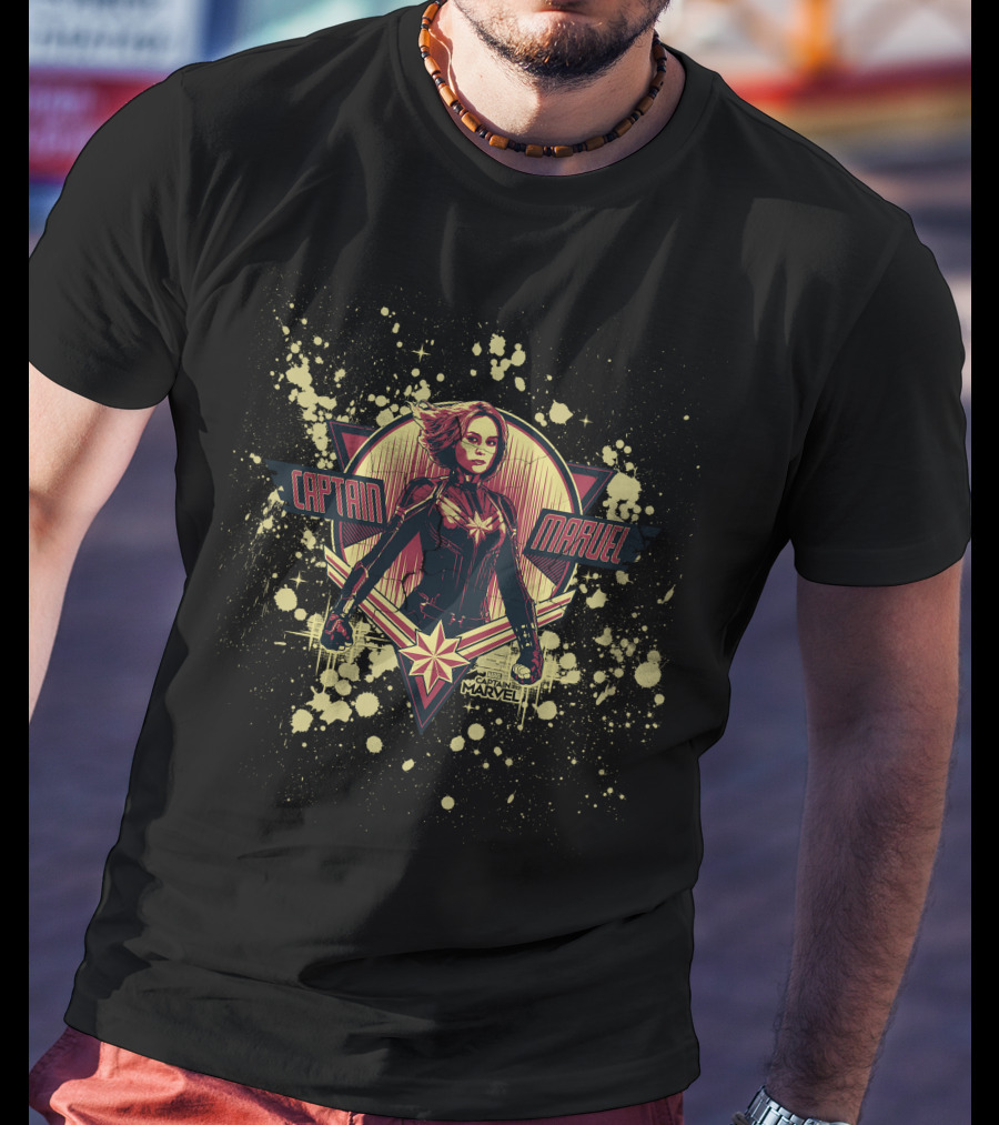Captain Marvel Cracked Paint Splatter Retro Starburst T-Shirt