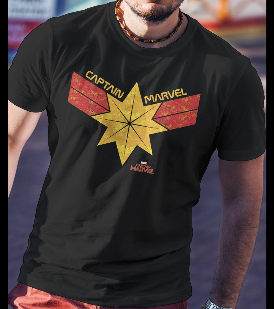 Captain Marvel Distressed Star Emblem With Red Ribbons T-Shirt