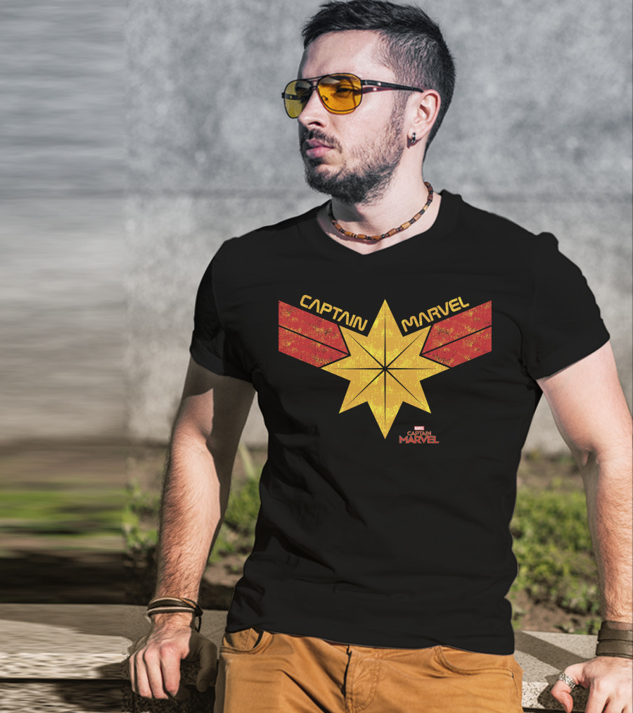Captain Marvel Distressed Star Emblem With Red Ribbons T-Shirt