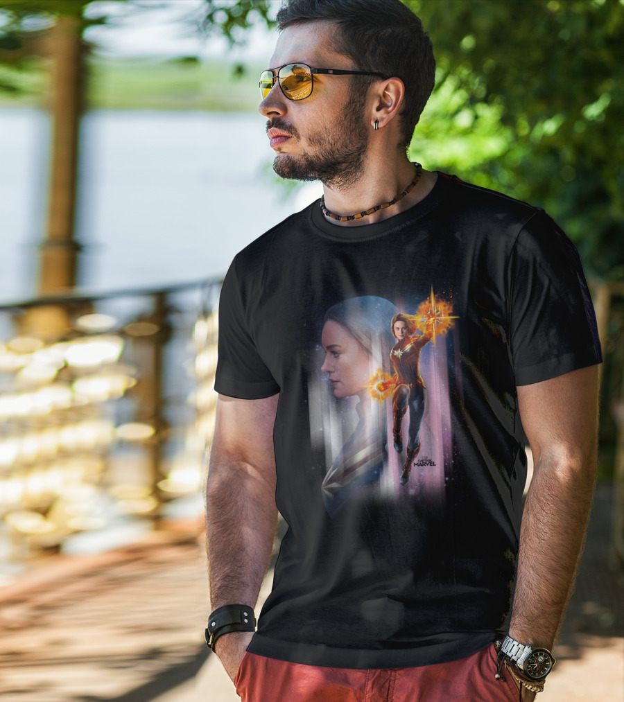 Captain Marvel Energy-Powered Heroic Flight In Space Adventure T-Shirt