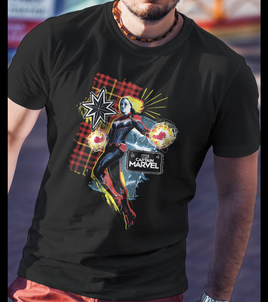 Captain Marvel Starburst Plaid Jean Patch Marvel Comics Hero T-Shirt