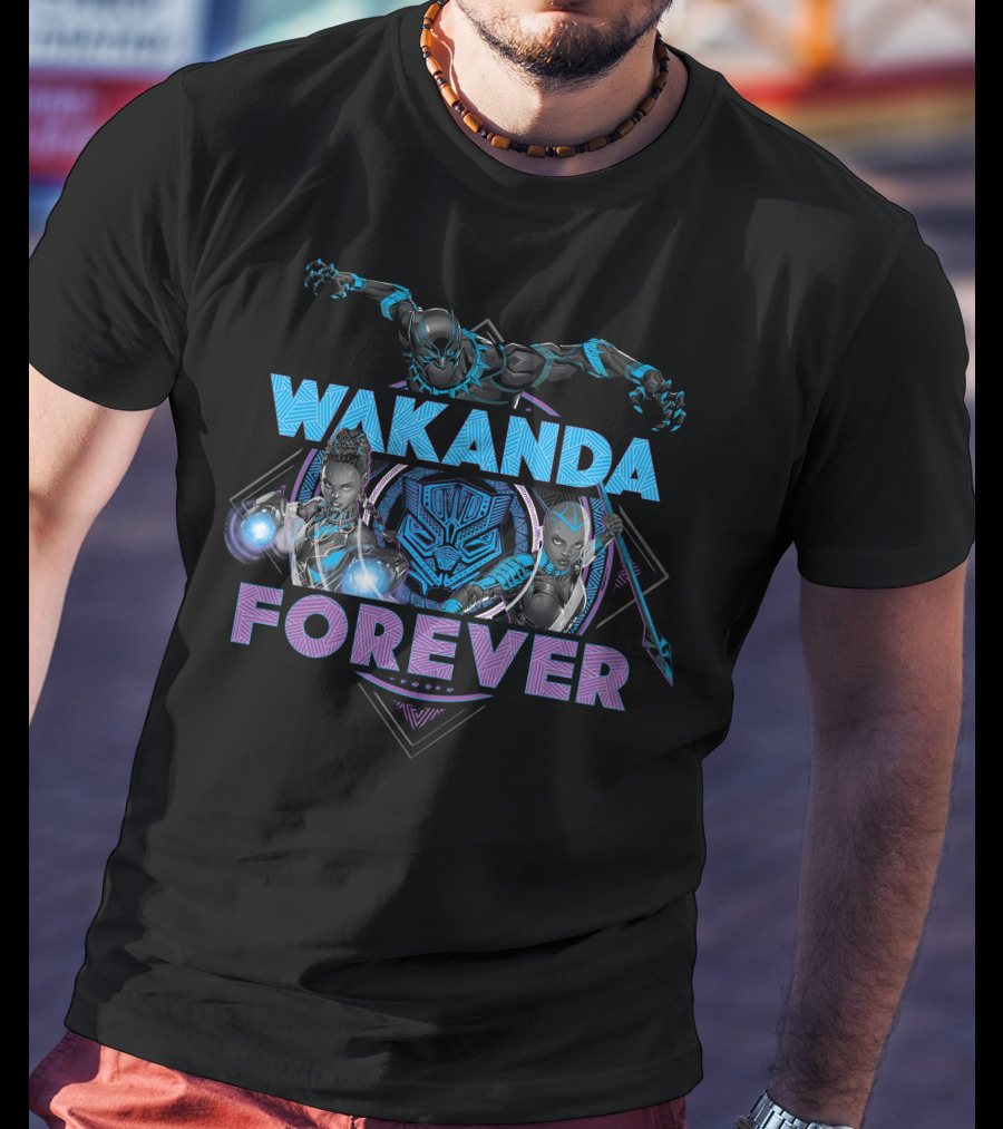 Wakanda Forever Marvel Black Panther Group Shot Blue Purple T-Shirt