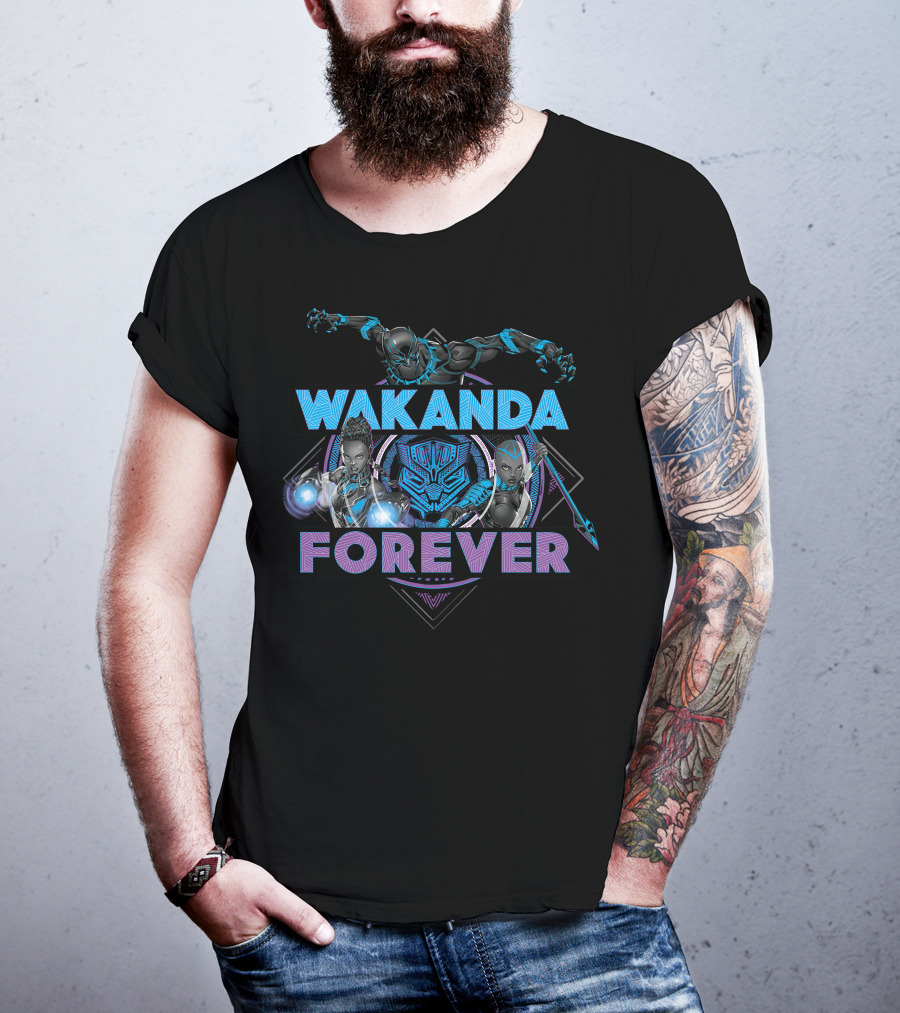 Wakanda Forever Marvel Black Panther Group Shot Blue Purple T-Shirt