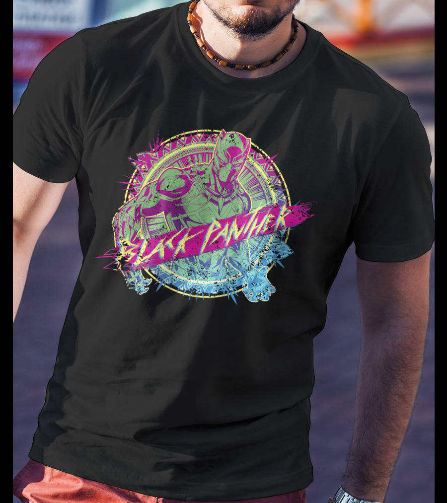 Black Panther Neon Paint Splatter Marvel Text T-Shirt