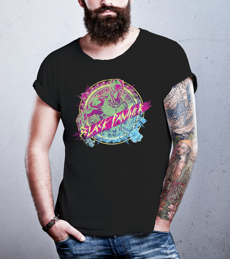 Black Panther Neon Paint Splatter Marvel Text T-Shirt