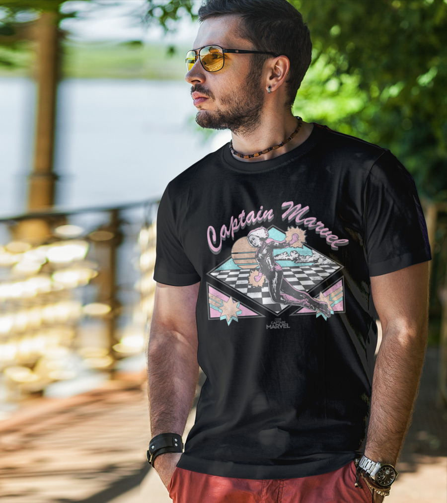 Captain Marvel Retro Checkered Pastel Sunset Superhero Flight T-Shirt