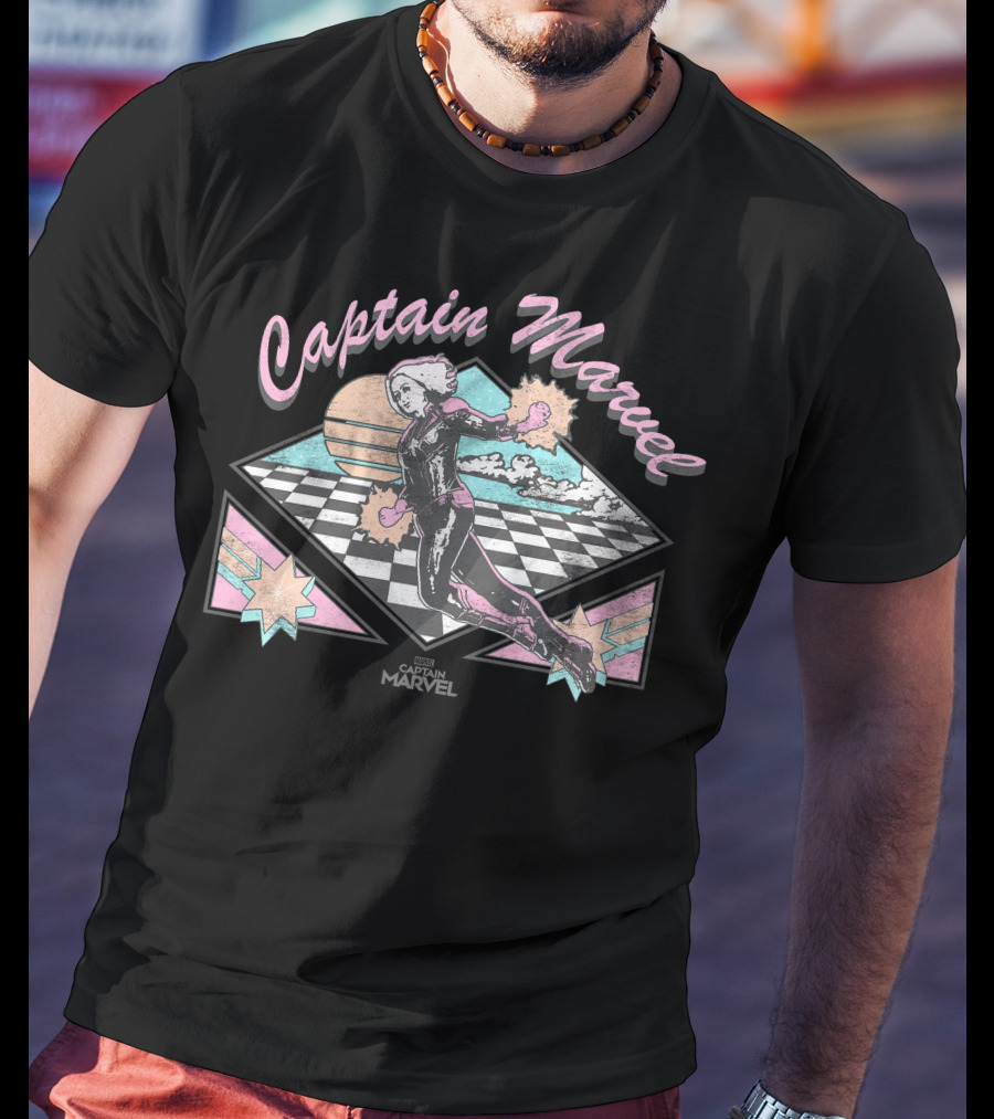 Captain Marvel Retro Checkered Pastel Sunset Superhero Flight T-Shirt