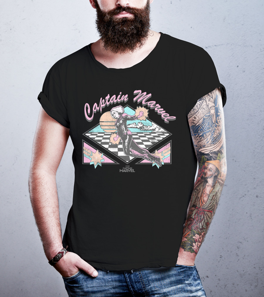 Captain Marvel Retro Checkered Pastel Sunset Superhero Flight T-Shirt