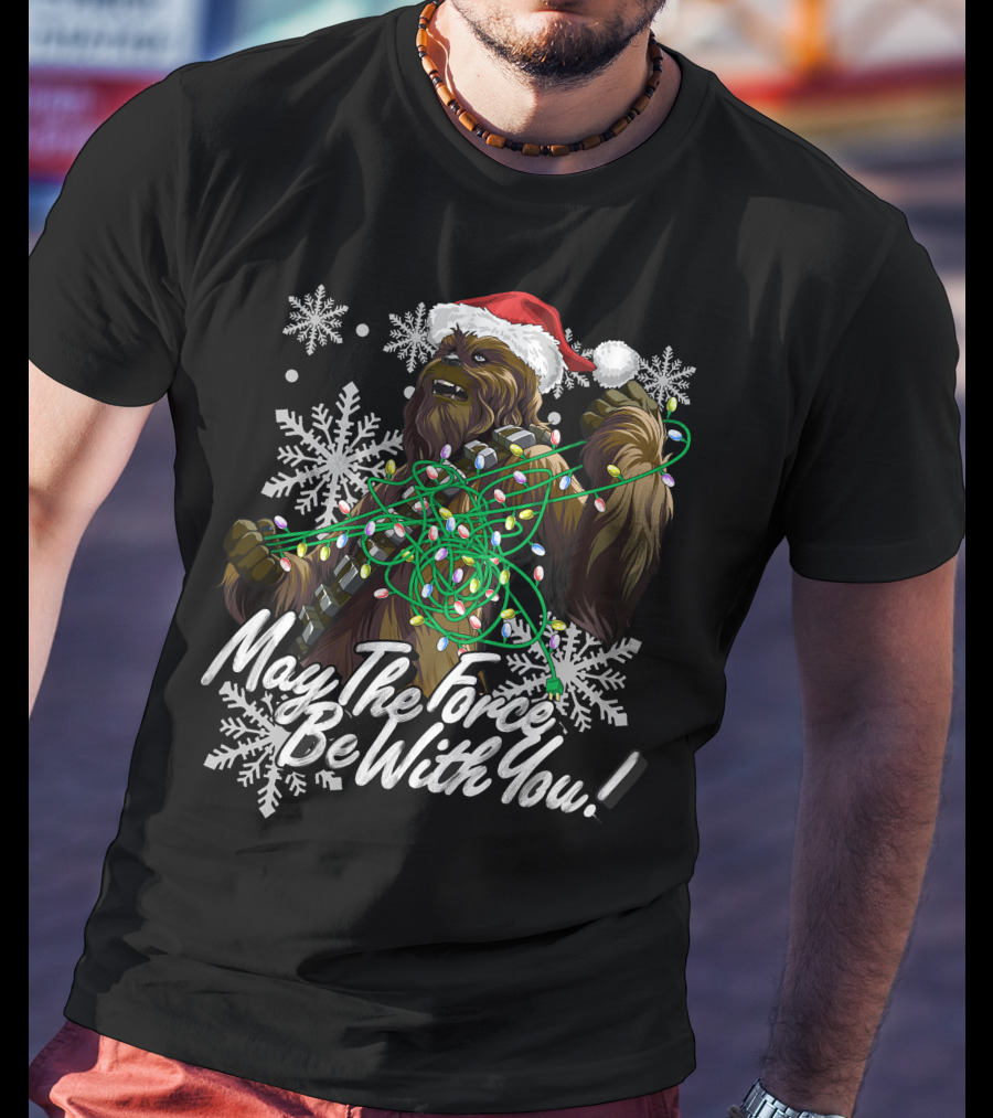 May The Force Be With You Chewbacca Santa Hat Tangled Lights Snowflakes T-Shirt