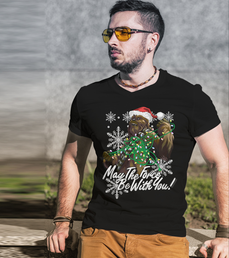 May The Force Be With You Chewbacca Santa Hat Tangled Lights Snowflakes T-Shirt
