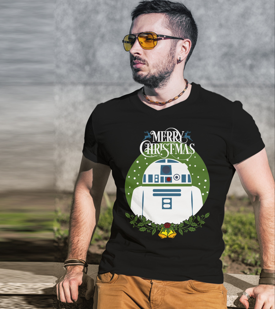 Star Wars R2-D2 Merry Christmas Wreath With Bells And Holly T-Shirt