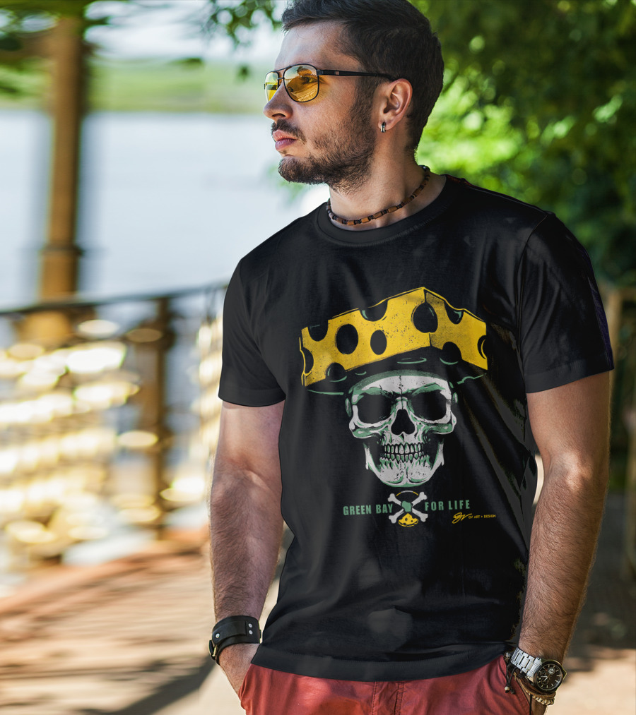 Green Bay For Life Skull Cheesehead T-Shirt