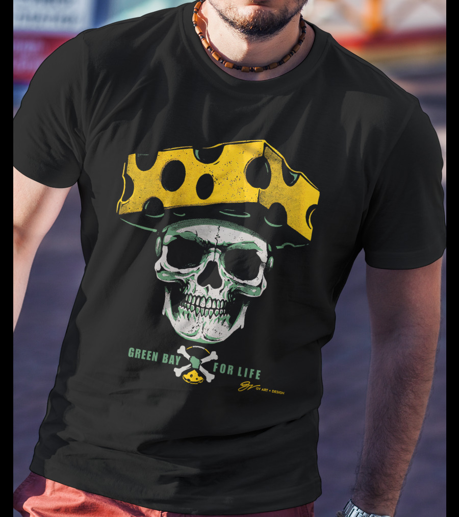 Green Bay For Life Skull Cheesehead T-Shirt