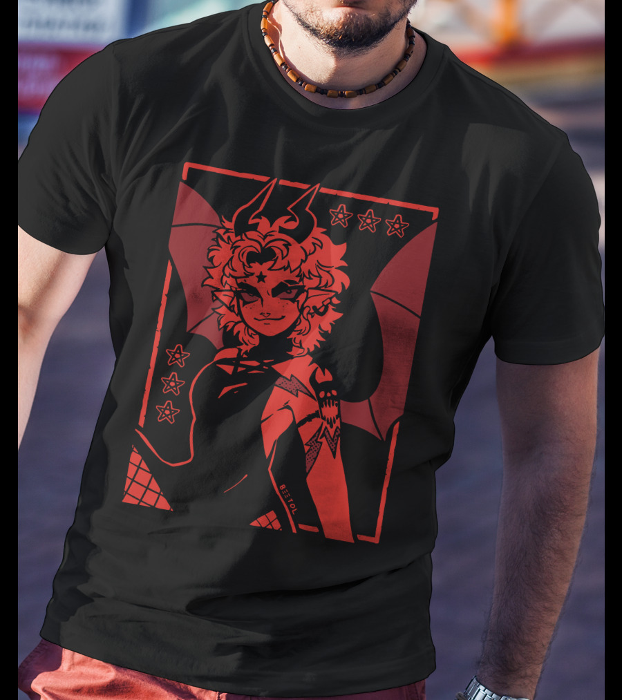 He's Satanic Red Devil Horned Figure With Bat Wings And Stars By Bitol T-Shirt
